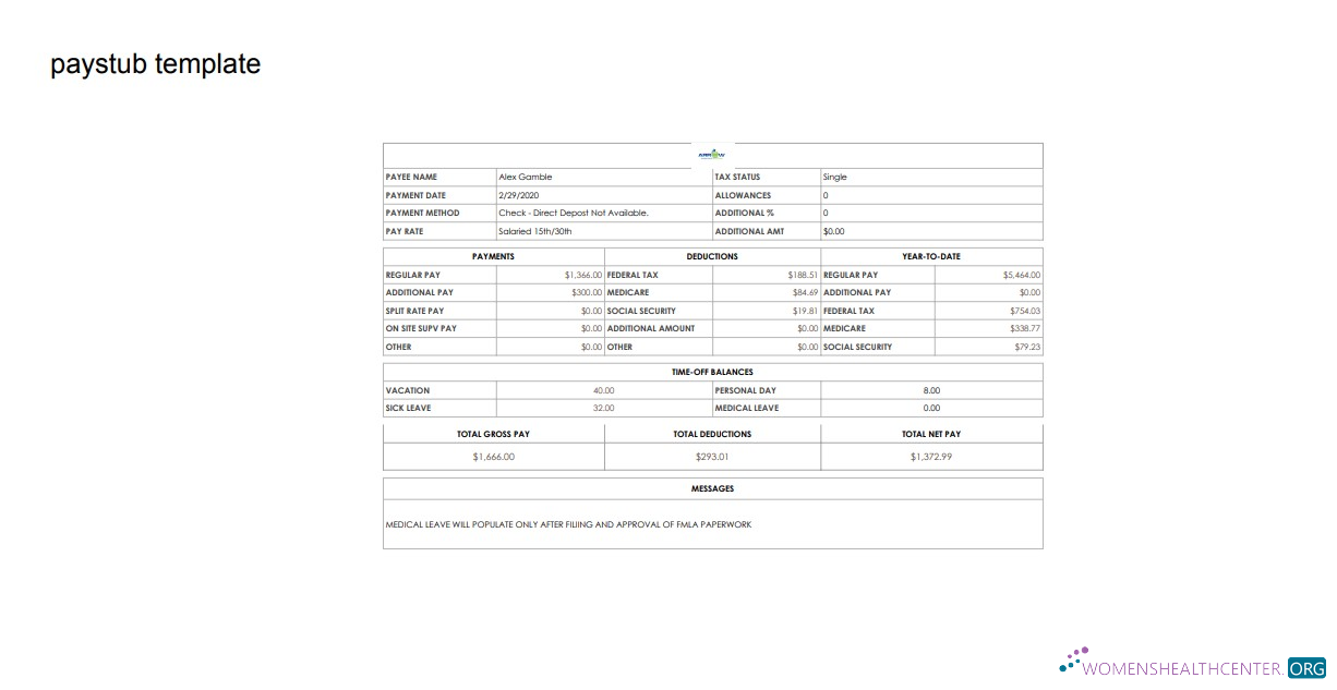 Download Medical leave pay stub in PDf and Word format Photoshop template